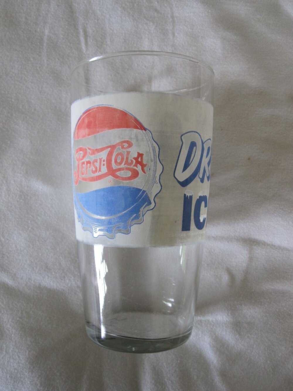 Rare 1950's Pepsi-Cola 32oz Glass, 'Drink Ice Cold Pepsi' w/ Bottle Cap Logo